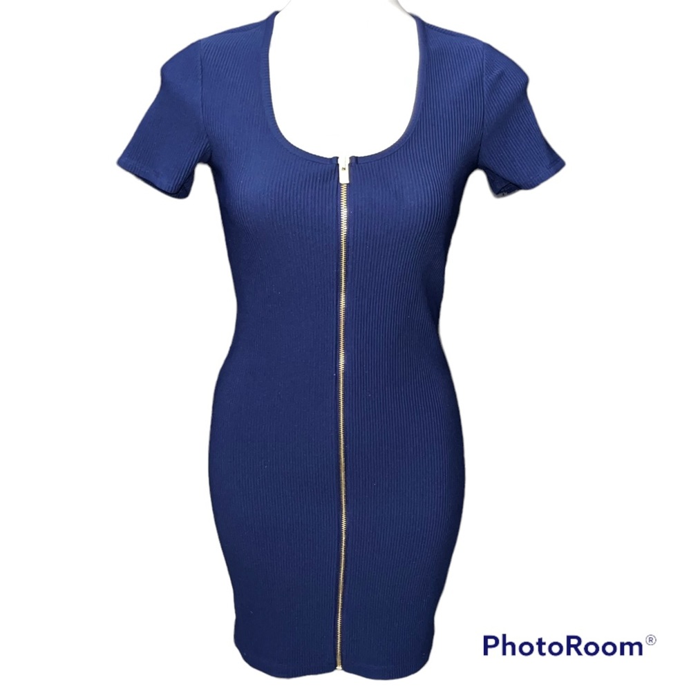 Express Navy Blue Ribbed Short Sleeve Zipper Front Dress - Size Small